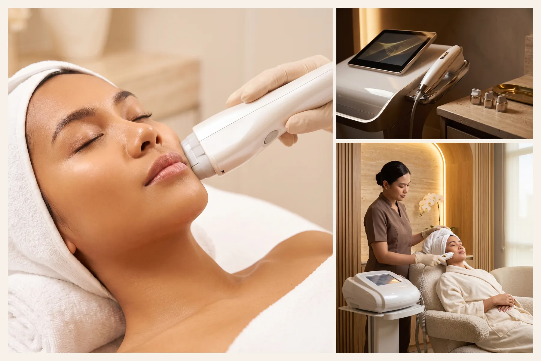 HIFU treatment along the jawline at an aesthetic clinic, with the ultrasound device and handpiece