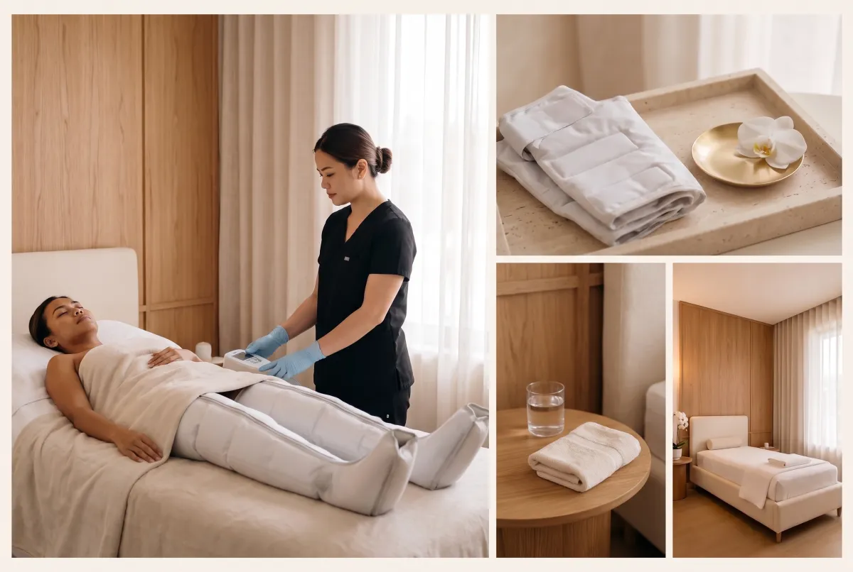 Pressotherapy garment with air chambers on a client's legs at ICONIQUE, The Peninsula Manila, Makati