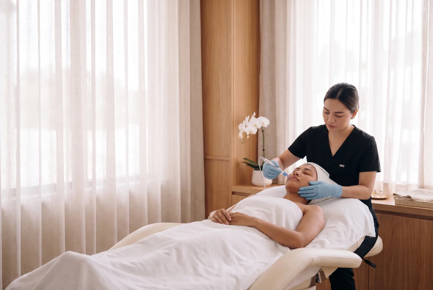 An aesthetician giving a client a non-invasive lifting treatment in a calm, sunlit treatment suite